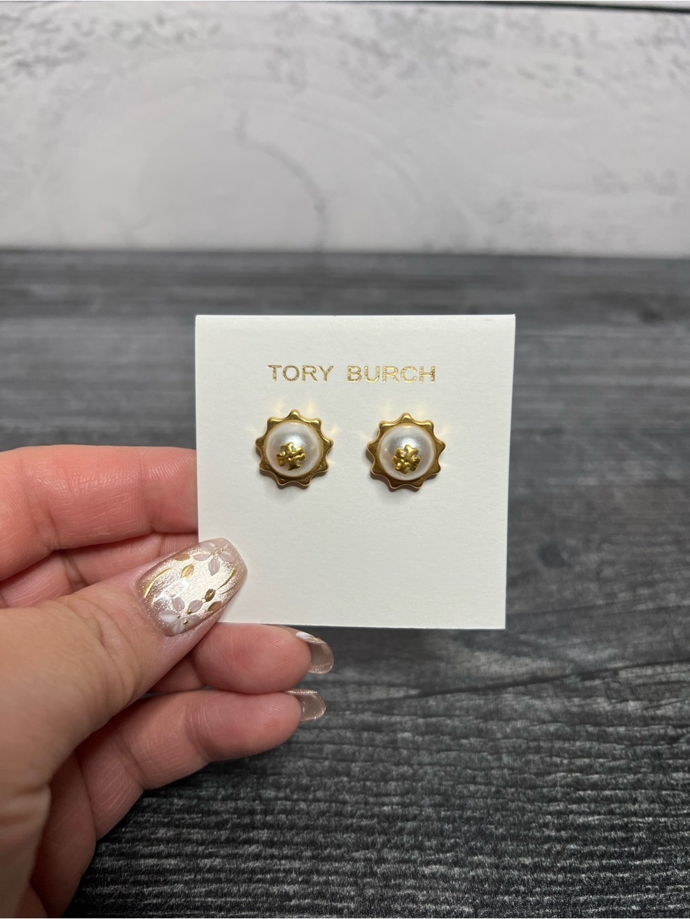 Tory Burch Gold and Pearl Logo Stud Earrings